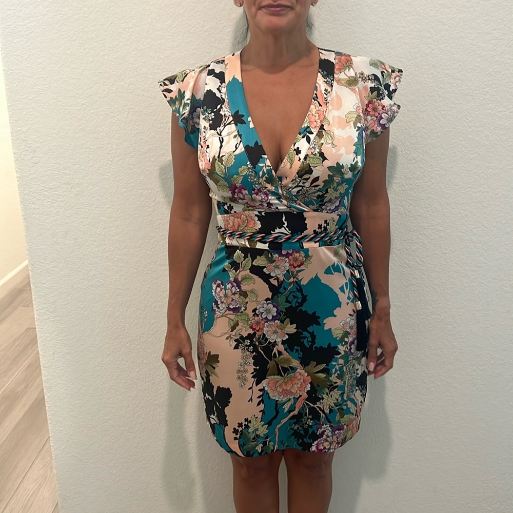 Guess satin floral mini dress .